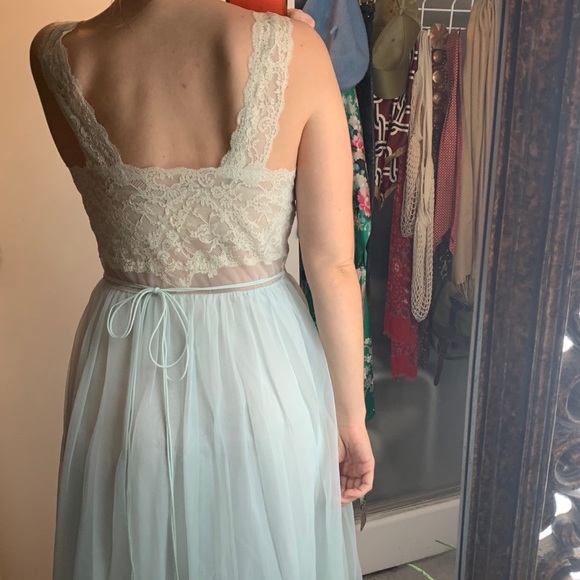 Vintage 60s Ice blue skirt lace bodice slip dress - Picture 9 of 13